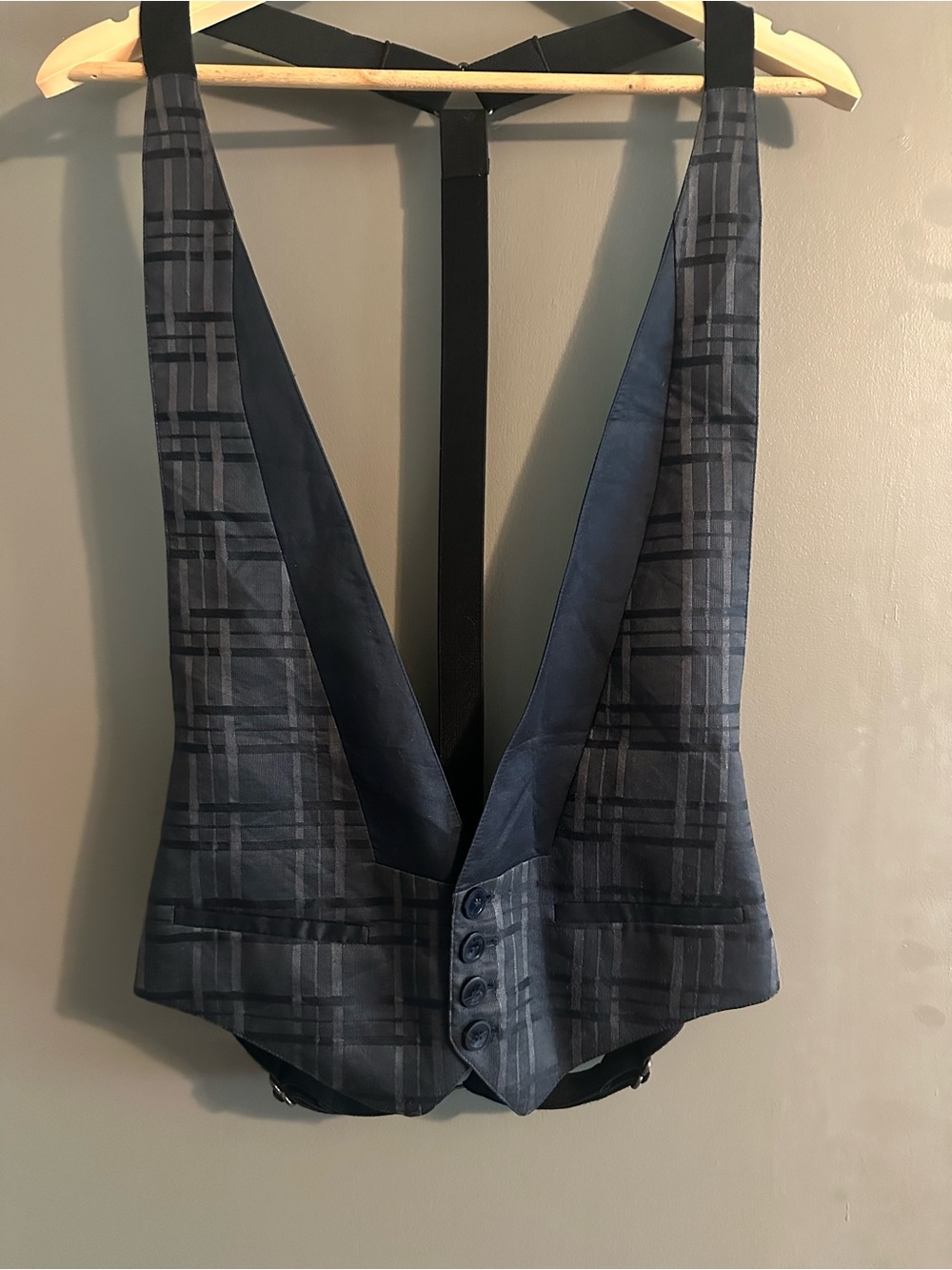 Emporio Armani Navy Plaid Men's Vest with Satin Lapel